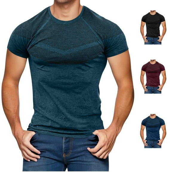 Admvng Muscle Shirts for Men Casual Fashion Solid Color Round Neck Short Sleeved Slim Fit Athletic Shirts S-3XL