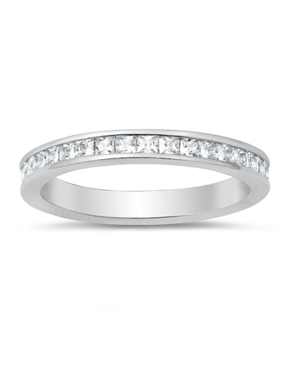 Channel Set Square Clear CZ Eternity Ring Sterling Silver Size 9