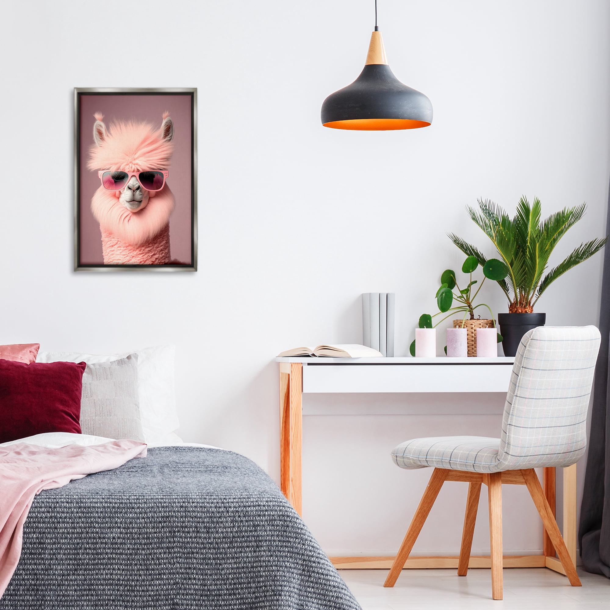 Stupell Industries Fluffy Pink Glam Alpaca Animals & Insects Painting Gray Floater Framed Canvas Art Print Wall Art, 17 x 25
