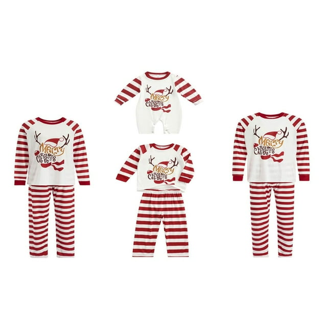 Pyjamas de Noël Assortis pour la Famille Ensemble Manches Longues Col Imprimé Élan Blanc Rouge Pantalon Rayé