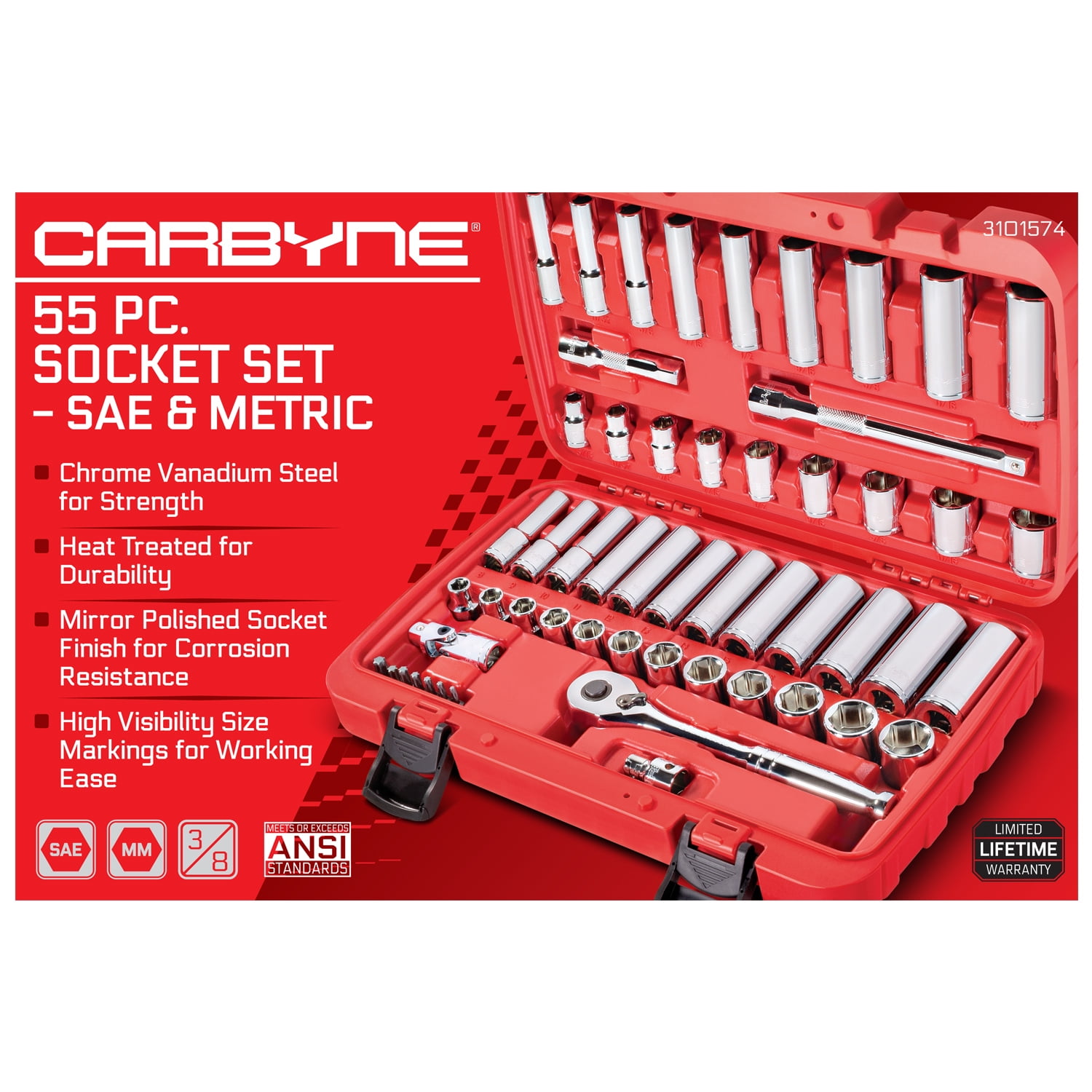 Carbyne 55-Piece 3/8 in. Drive Socket and Ratchet Set, SAE and Metric, 6 Point, CrV Steel, 72-Tooth Ratchet, Deep and Standard Sockets, Storage Case