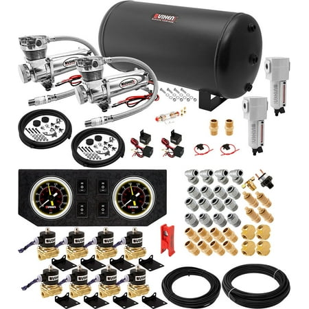 Vixen Air 6 Gallon (22 Liter) Steel Tank with Dual 200 PSI Chrome Compressor, Valves, Gauges, Watertraps, Fittings and Hoses Suspension Onboard System/Kit (Best Air Suspension For Towing)