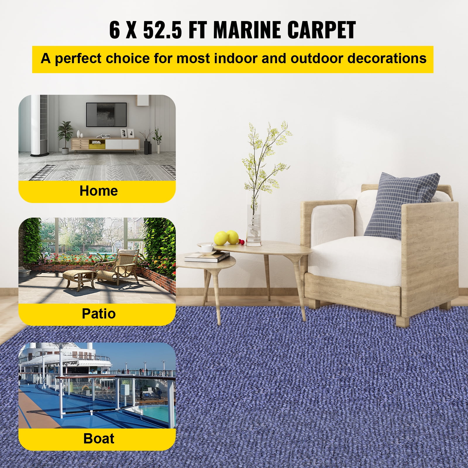 KFFKFF Deep Blue Marine Carpet 6 ft x 52.5 ft - Durable Outdoor Rug for Boats, Patios, Decks, and Garages with Waterproof Backing and Non-Slip Design