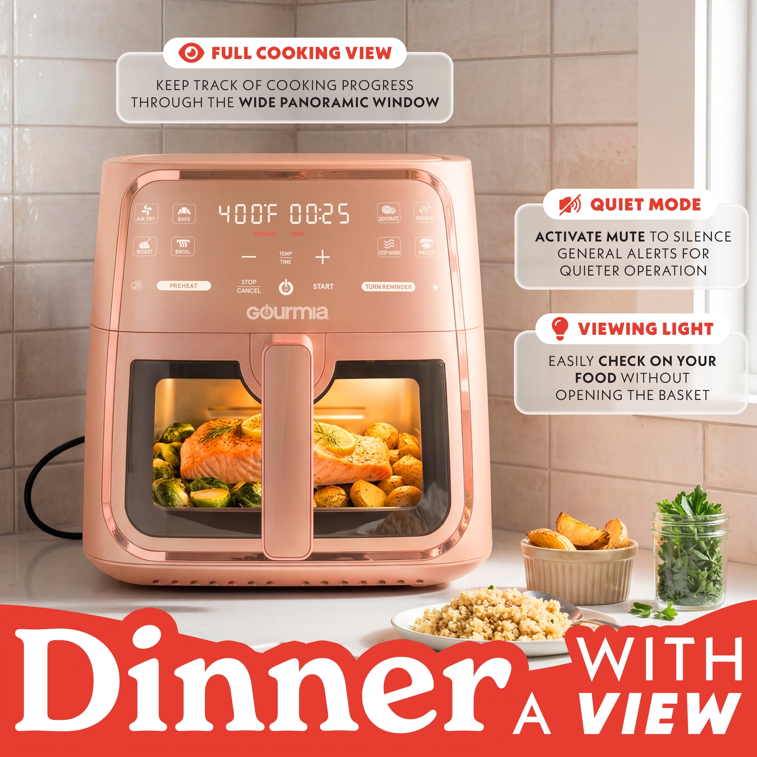 Gourmia 8 Qt Air Fryer, 8 Presets with Digital Display, FryForce 360° Technology, Easy View Window & Interior Light, Dishwasher Safe Basket, Peach