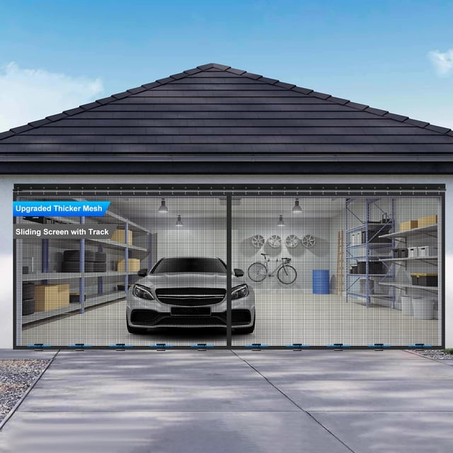 Mosquitera para puerta de garaje corrediza de 16 x 8 pies para puertas de garaje de 2 coches Puerta de malla magnética para garaje con cierre de riel más gruesa 265 g/? Malla para puerta de garaje ret