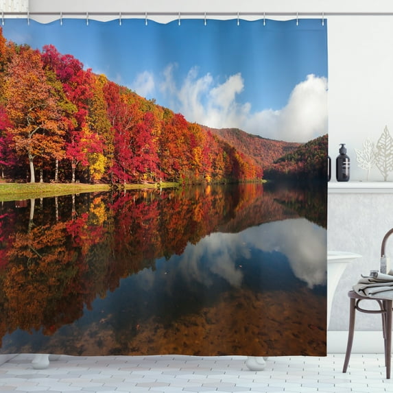 Fall Leaves Shower Curtain, Scenery of Sherando Lake Recreation Area in George Washington National Forest, Fabric Bathroom Set with Hooks, 69W X 70L Inches, Multicolor, by Ambesonne