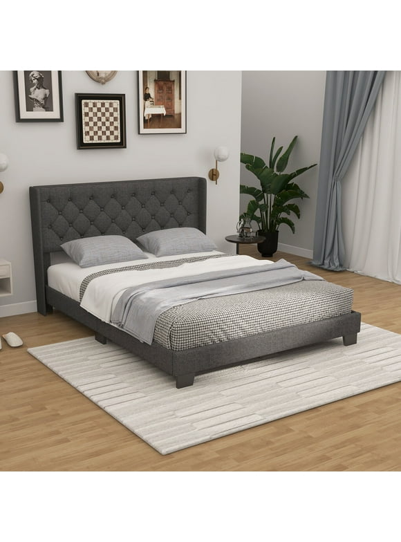 FONIRRA Queen Size Upholstered Platform Bed with Square Tufted Headboard & Wood Slat Support  Mattress Foundation, Gray