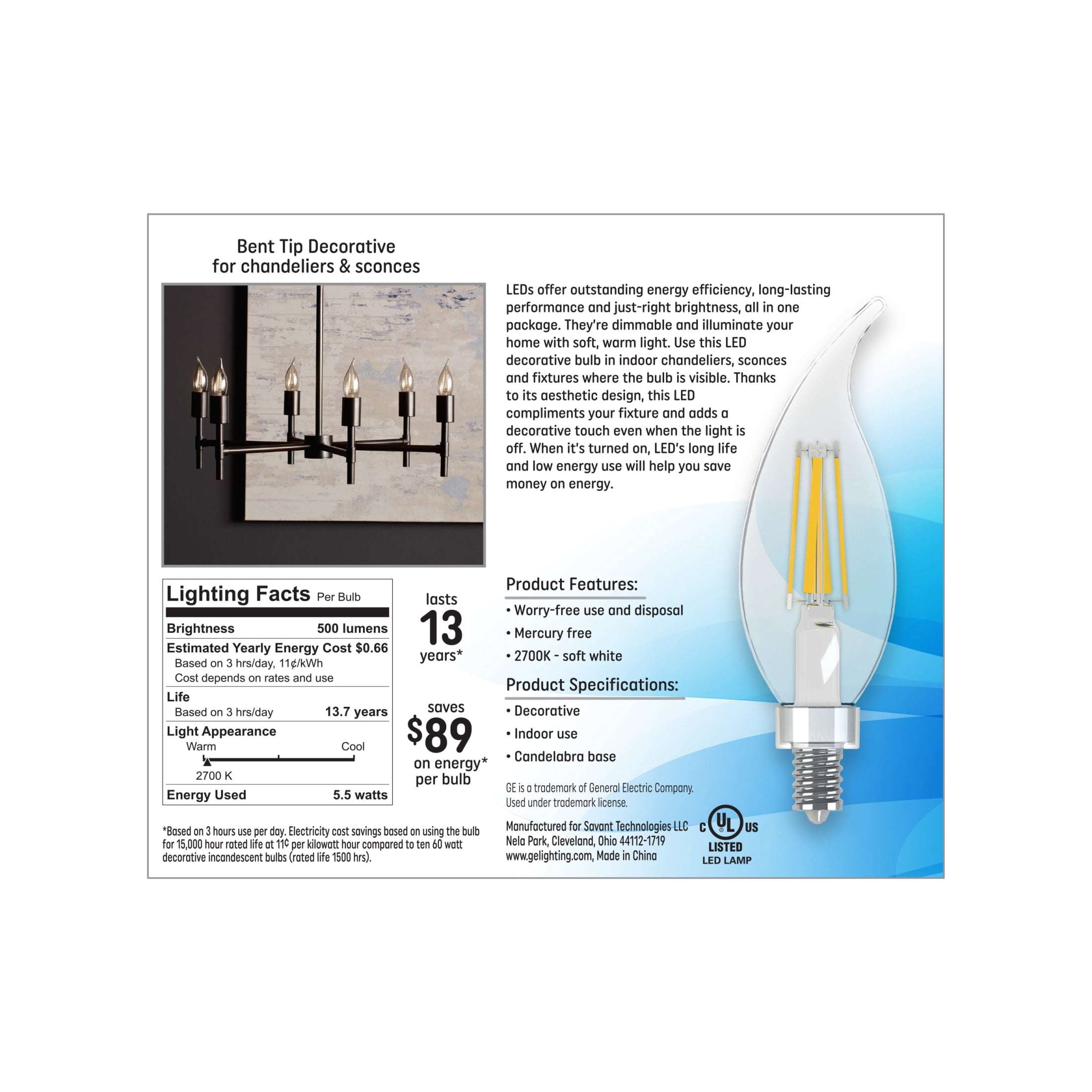 (2 pack) GE LED Light Bulbs, 60 Watt, Soft White, CAC Small Base, Clear Finish, 13yr, 4pk