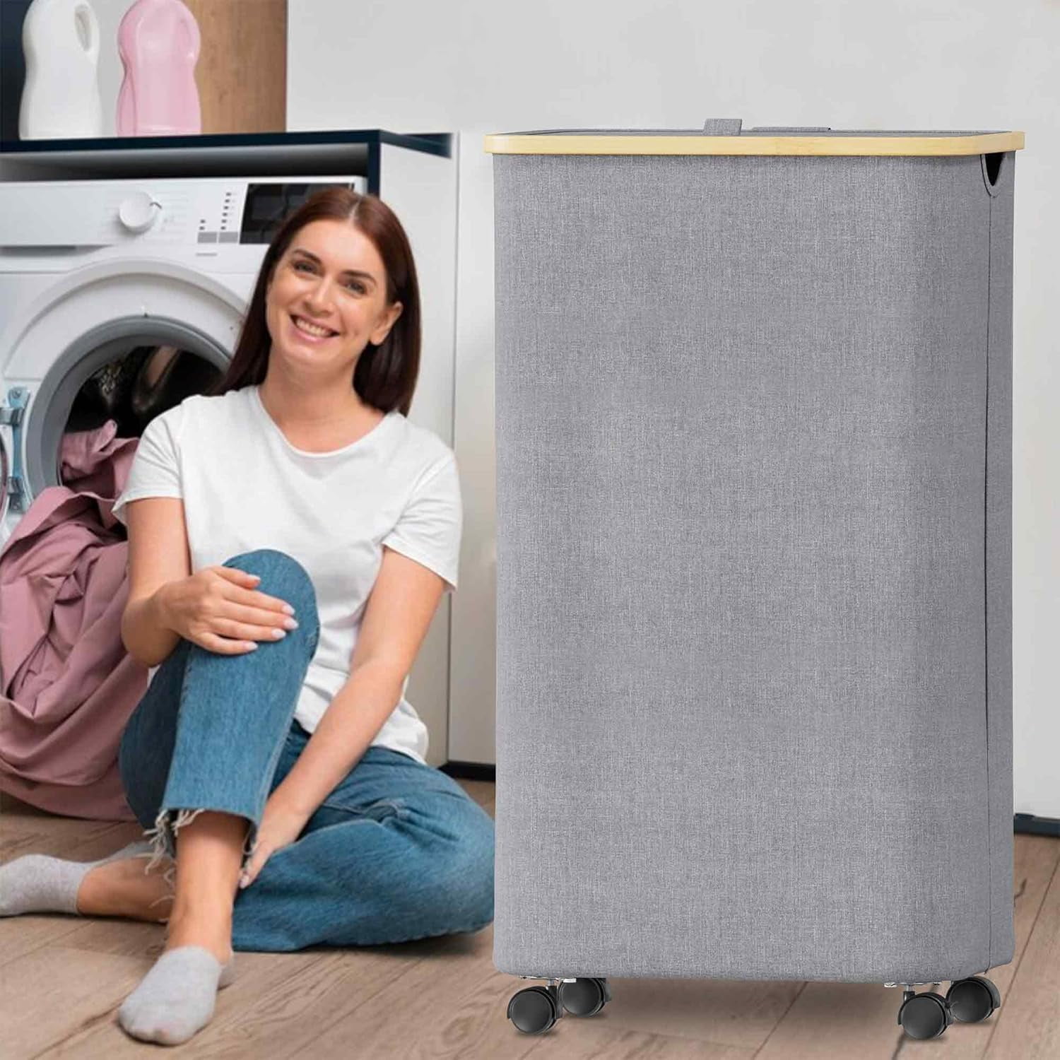 【HOSTK】100L Foldable Laundry Hamper on Wheels - Grey Clothes Basket with Lid & Bamboo Handles for Bedroom, Bathroom, Dorm