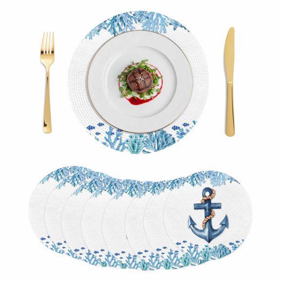 Nautical Anchor Round 15 Inch Placemats Set of 8, Summer Coastal Coral Starfish Fish Blue HeatResistant Non Slip Place Mats for Dining Table, Wipeable Braided Kitchen Table Mats for Housewarming