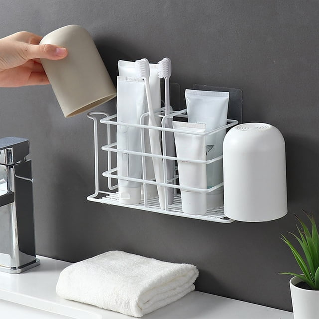 Fiudx Liquidación de ofertas flash Estante de almacenamiento de cepillos de dientes montado en la pared, soportes de cepillos de dientes de baño no perforados, juego de vasos para enjuague bucal, por