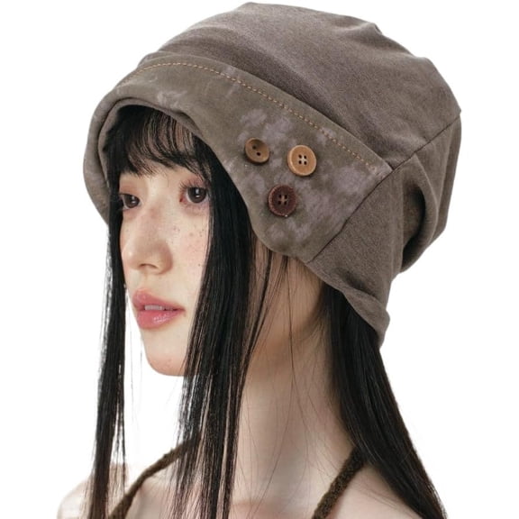 CoCoMangos Y2K 2000s Grunge Beanie Gothic Patchwork Slouchy Hat Buttons Emo Streetwear Knit Cap Harajuku Alt Skullcap Headwear