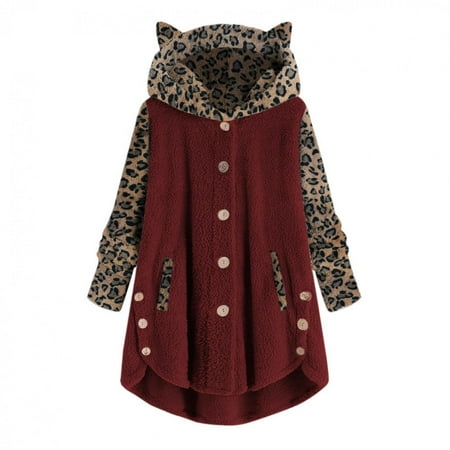

Women s Plus Size Hooded Pullovers Coat-Button Up Leopard Print Long- Sleeves Patchwork Cartoon Cat Sweaters Pajamas
