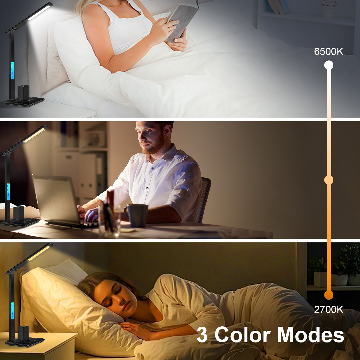 Desk Lamp, LED Desk Lamps for Home Office, Wireless Charger Touch Table Lamp with Pen Holder, Dimmable Office Desk Light with Clock, Alarm, Date, Temp, Foldable Lamp for Table Bedroom Office, Black