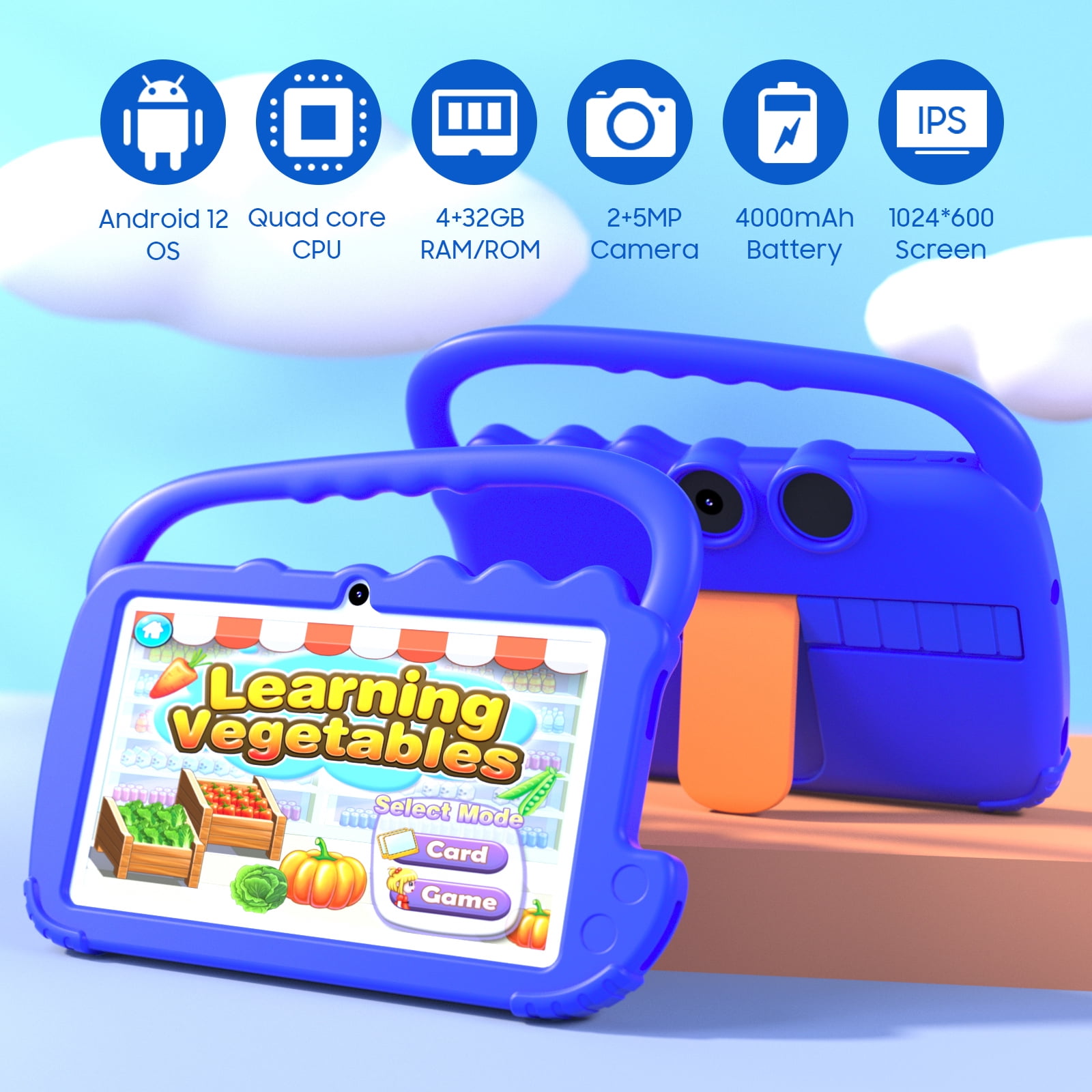 2024 Kids 7 inch Tablets, Android 12 Tablet for Kids, 4GB+32GB ROM+1TB Expand Blue