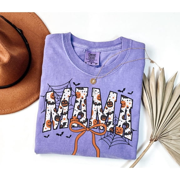 PAVIG MAMA Halloween Shirt, Pumpkin Bat Coquette Bow Mom Garment-Dyed Tee