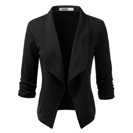 Doublju Women's Open Front Blazer 3/4 Sleeve Plus Size Office Cardigan Blazer BLACK