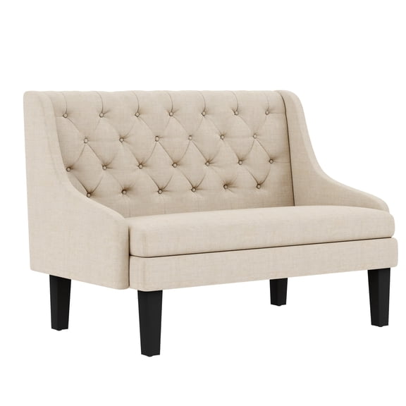 Cream Tufted Settee Bench With Black Wood Legs Modern Upholstered Loveseat