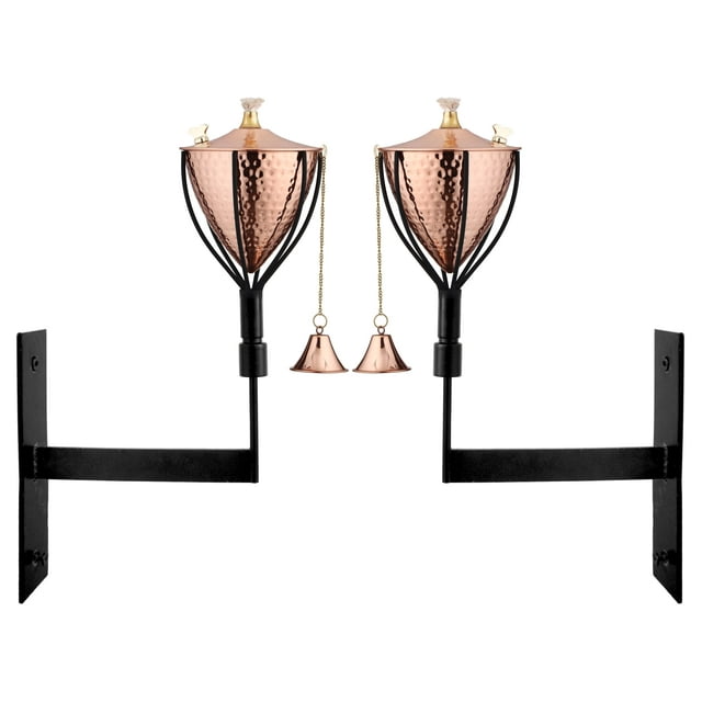 Amsterdam Wall Mount Oil Lamp - Modern Wall Sconce Torch with Matching Snuffer is Perfect as Landscape Lighting - 32oz Bowl with Fiberglass Wick will Burn for Over 15h! 2 Pack (Hammered Copper)