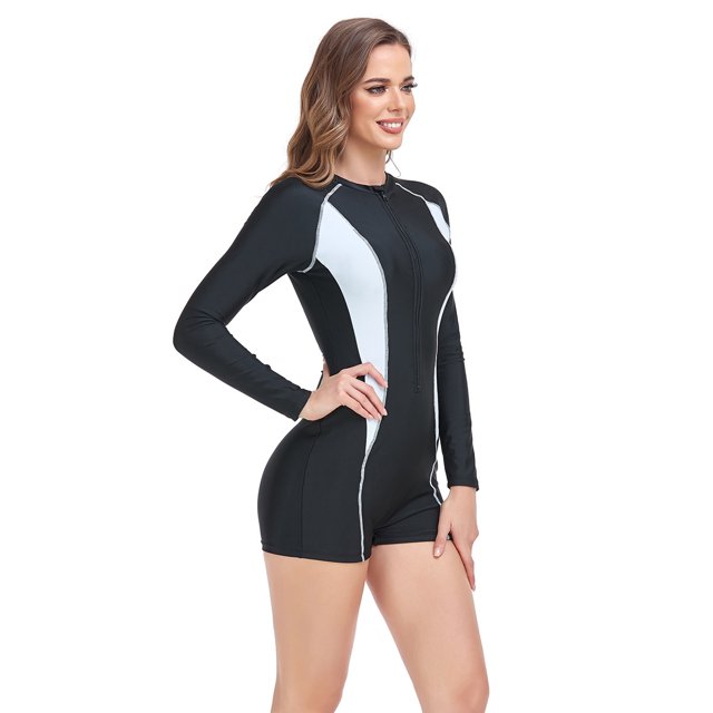 Traje de baño de una pieza europeo y americano a juego de colores de manga larga con protección solar, cremallera de moda, traje de baño conservador de talla grande para mujer