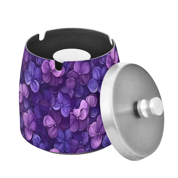 Bright Purple Flowers Ashtray with Lid Outdoor Ashtrays for Patio Stainless Steel Ashtray Odorless Smokeless for Home Office Balcony