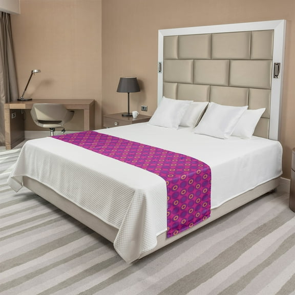 Abstract Bed Runner, Circular Spirals Nested in Vibrant Hues, Decorative Accent Bedding Scarf for Hotels Homes and Guestrooms, Queen, Hot Pink Royal Blue, by Ambesonne