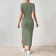 thumbnail image 2 of TaTaai Women Summer French Square Neck Side Split Slim Knit Dress Short Sleeve Solid Color Midi Length Elegant Casual Daily Wear Dresses Gift, 2 of 9