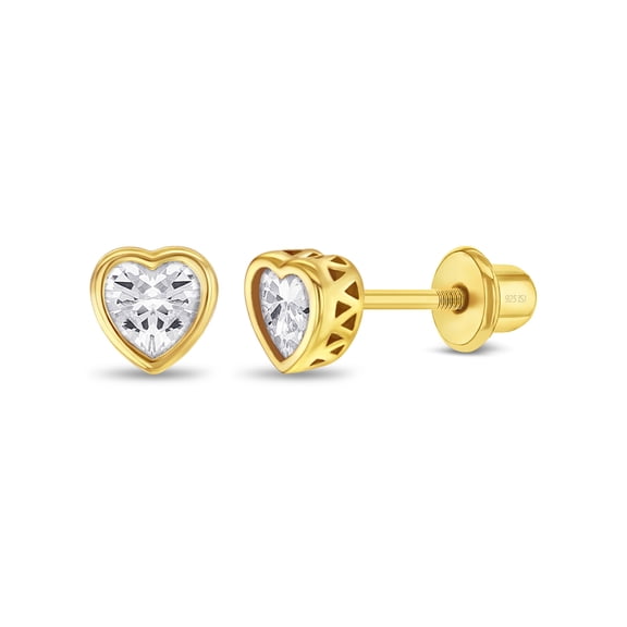 Heart CZ Bezel Clear Kids Earrings Screw Back - Sterling Silver Gold Plated