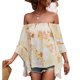 thumbnail image 4 of Shirred Off Shoulder Tops Women Off Shoulder Tops Summer High Low Hem Loose Bell Sleeve Shirred Floral Print Shirt Blouse Yellow XL ANGGREK No, 4 of 6