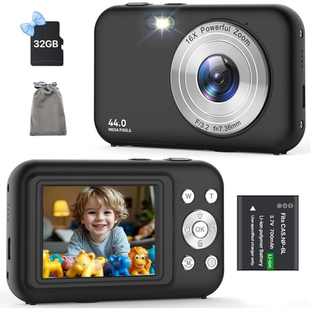 Digital Camera, Camera with 32GB Card, FHD 1080P 44MP Vlogging Camera, 16X Zoom Point and Shoot Digital Camera Compact Portable Rechargeable Cameras for Teens Boys Girls Students Seniors-Black