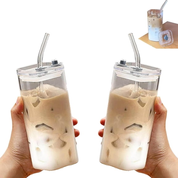 2Pcs Square Glass Cup with Lids and Straws, Portable Drinking Clear Tumblers 400ml/14oz, Heat Resistant Transparent Milk Tea Juice Cups Coffee Mug For Home Bar Drinkware