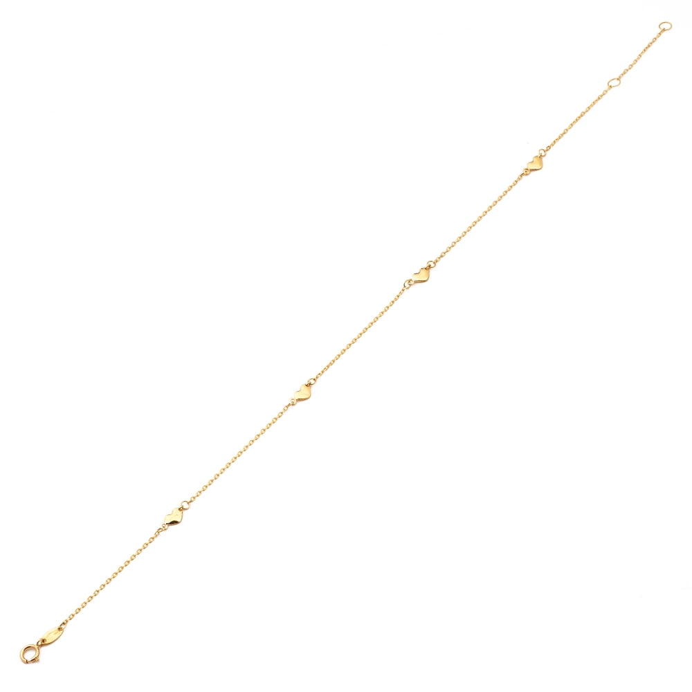 LOVEBLING 10K Yellow Gold .50mm Diamond Cut Rolo Chain with 4 Heart pendants Anklet Adjustable 9" to 10" (#16)