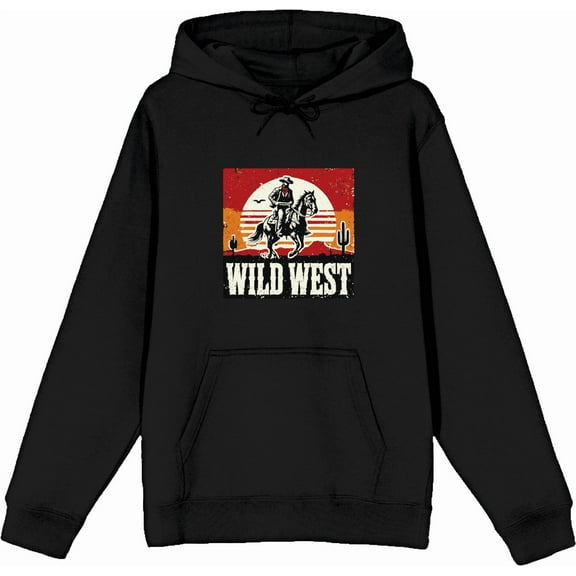 Wild West Cowboy Sunset Ride Adult Black Long Sleeve Hoodie-Medium