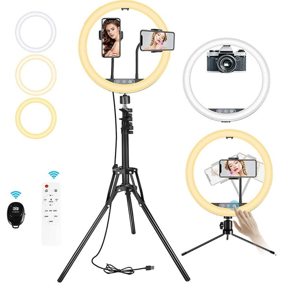 BESTOPE 12" Selfie Ring Light Fill Light - Dimmable LED for Live Stream/Makeup/YouTube Video 2 Tripod Stands & 2 Phone Holders & 3 Color Modes