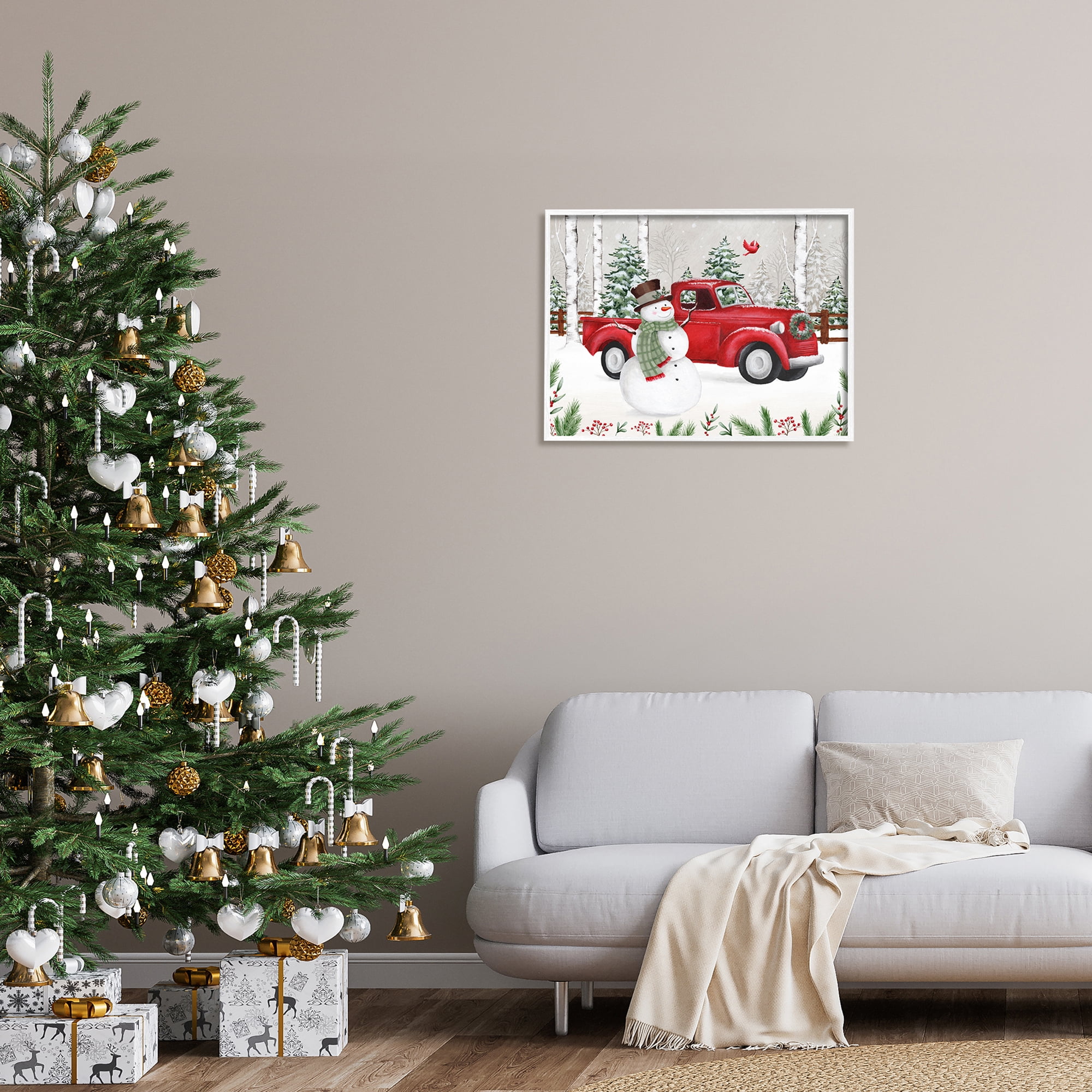 Winter Wonderland Snowman Cardinal Snowy Red Truck Transportation Painting Framed Art Print Wall Art