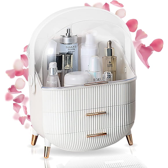 GenC Beauty Space Capsule Design Makeup Organizer Display Box Cosmetic Storage Box with Drawer and Handle Dustproof Lid Design Cosmetic Storage Display Case for Bathroom, Vanity and Bedroom (White)