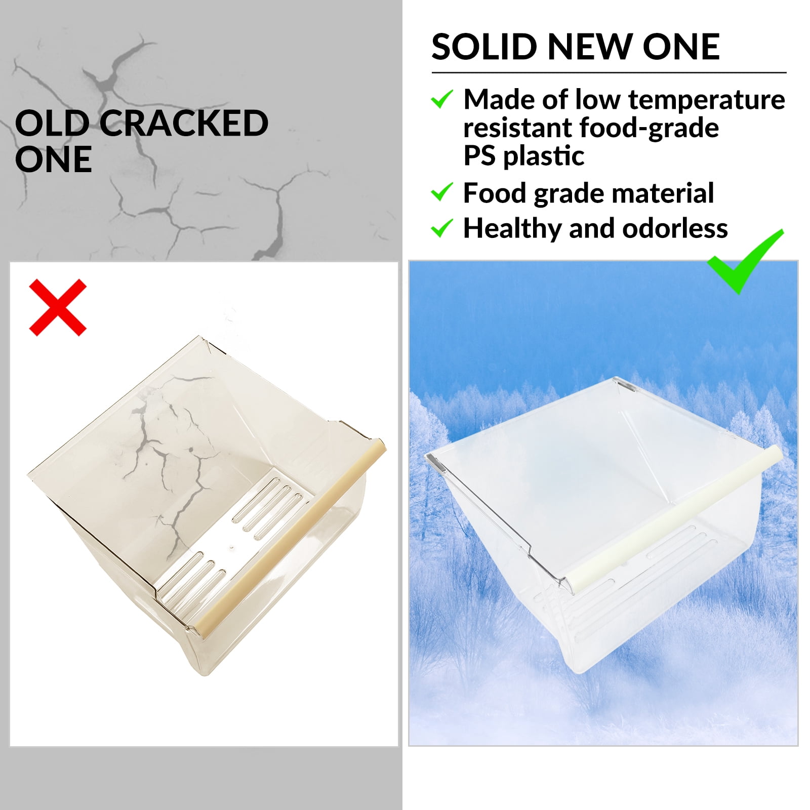 Kojem WP 2188664, Frigidaire Crisper Pan Drawer Bin, Replacement Fit for Whirlpool, Kenmore, Maytag, Refrigerator, Clear Crisper Pan Bottom Drawer