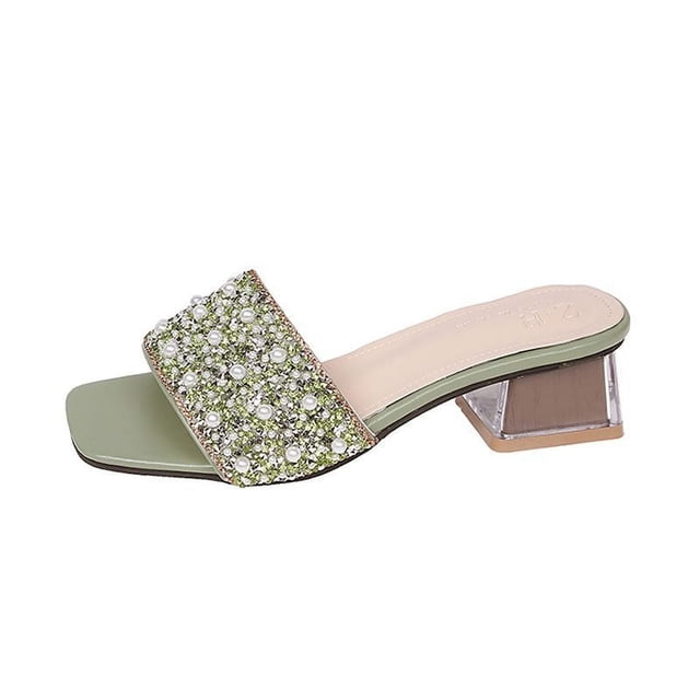 Zapatillas de mujer de gran tamaño, ropa de calle, estilo veraniego, tacón grueso de perla, estilo de tacón alto de una sola pierna, sandalias con lazo y diamantes de imitación