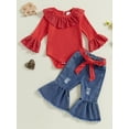 thumbnail image 3 of Miaouyo Infant Baby Girls Fall Outfits 0 3 6 9 12 18 Months Ruffle Long Sleeves Romper and Ripped Denim Flare Pants Clothes Set, 3 of 8