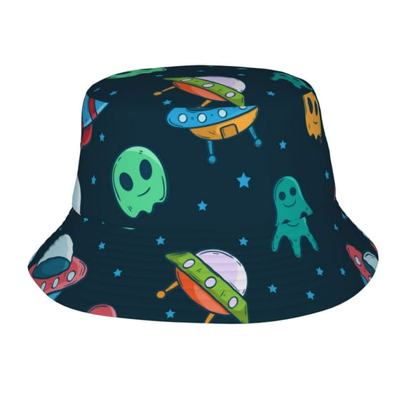TEQUAN Foldable Polyester Adult Bucket Hat Cartoon UFO Spaceship Rockets Prints Sun Beach Fishing Outdoor Cap Unisex