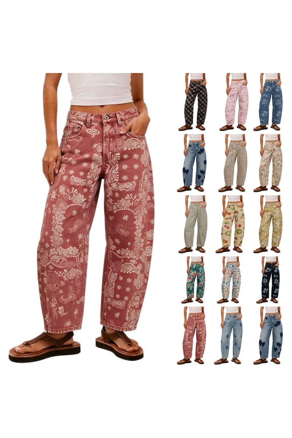 Women's Floral Paisley Print Barrel Jeans , High Waisted Denim Pants For Women,Ladies' Baggy Washed Trousers with Pockets,Red,S-2XL