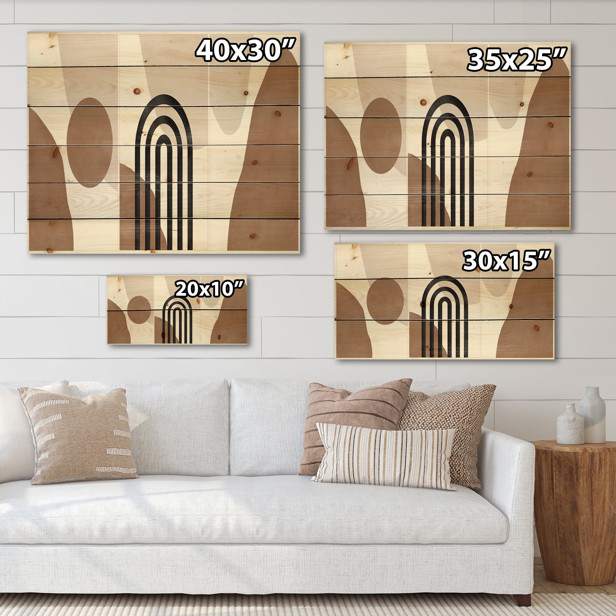 Designart 'Abstract Shapes in Ivory and Terracotta Shapes II' Modern Print on Natural Pine Wood