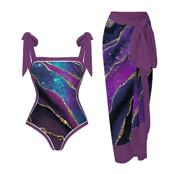 Womens One Piece Swimsuit with Beach Cover Up Wrap Skirt Retro Print Bikini Set Two Piece Bathing Suit