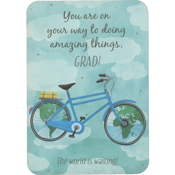 RSVP You Are On Your Way: Blue Bike with Globe Wheels Inspirational Graduation Congratulations Card