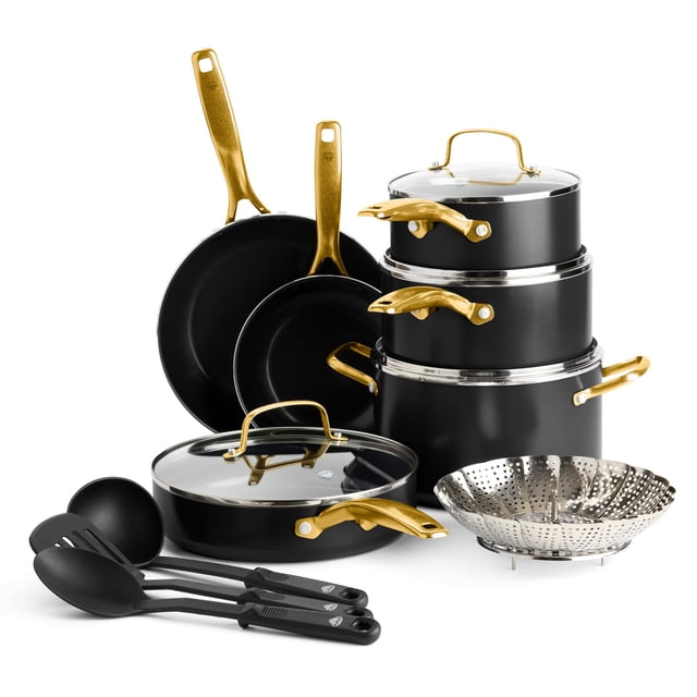 Blue Diamond Gold 14 Piece Cookware Pots and Pans Set, Induction Suitable, Diamond Infused PFOA & PFAS-Free Ceramic Nonstick, Durable Metal Utensil Safe, Dishwasher Safe, Gold Handle, Black
