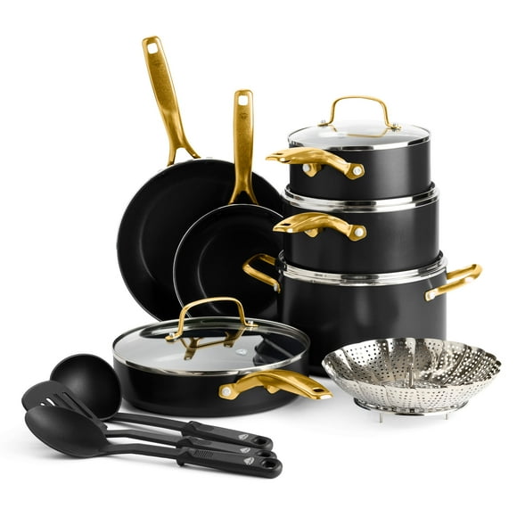 Blue Diamond Gold 14 Piece Cookware Pots and Pans Set, Induction Suitable, Diamond Infused PFOA & PFAS-Free Ceramic Nonstick, Durable Metal Utensil Safe, Dishwasher Safe, Gold Handle, Black