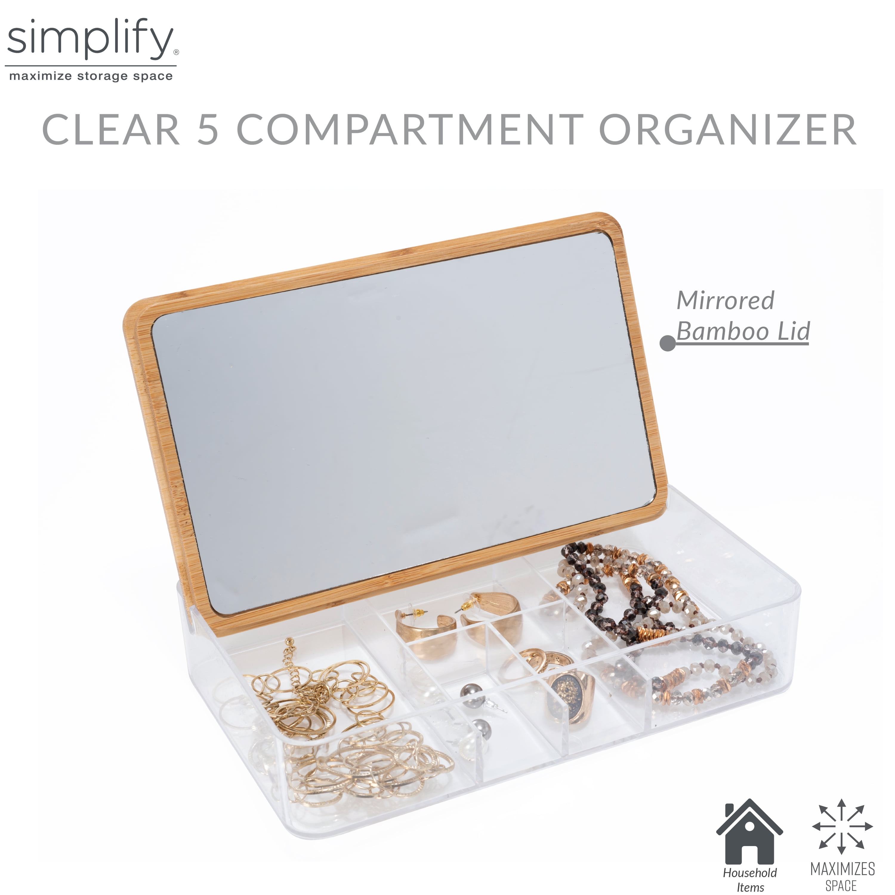 Simplify 5 Compartment Clear Organizer Jewelry Box with Bamboo Lid & Mirror