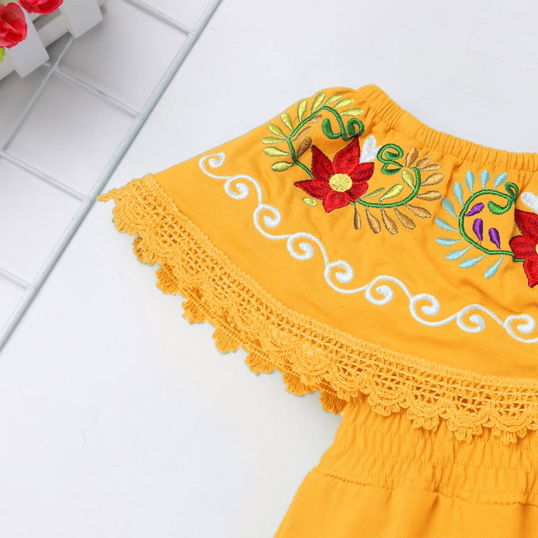 Mexican Dress For Girls - Floral Embroidery Off-Shoulder Cinco De Mayo Outfit