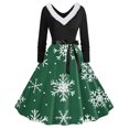 thumbnail image 1 of TIMIFIS Robes de Noël pour Femmes Imprimé de Noël Laid Robes Ligne A Robe de Bal Col en V Manches Longues Plissée Rétro, 1 of 3