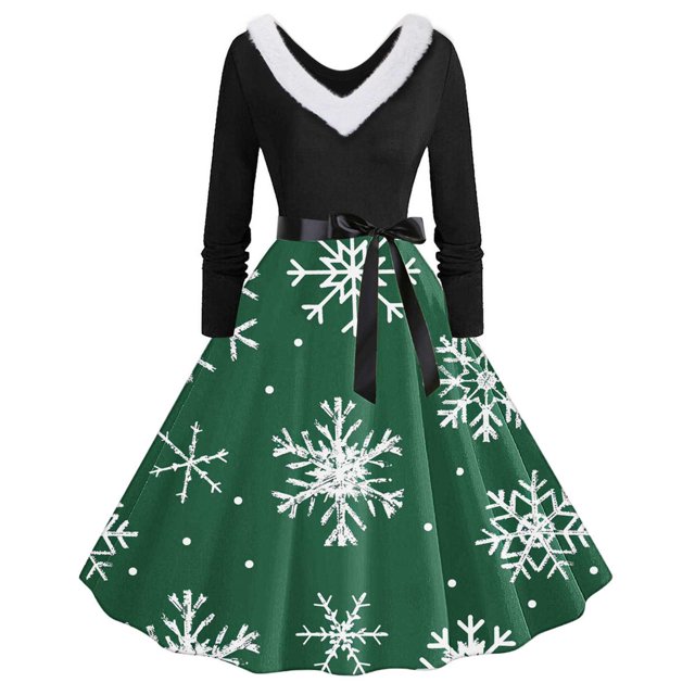 TIMIFIS Robes de Noël pour Femmes Imprimé de Noël Laid Robes Ligne A Robe de Bal Col en V Manches Longues Plissée Rétro